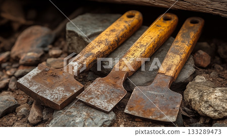 Vintage wooden chisels arranged on stone, traditional craftsmanship tools 133289473