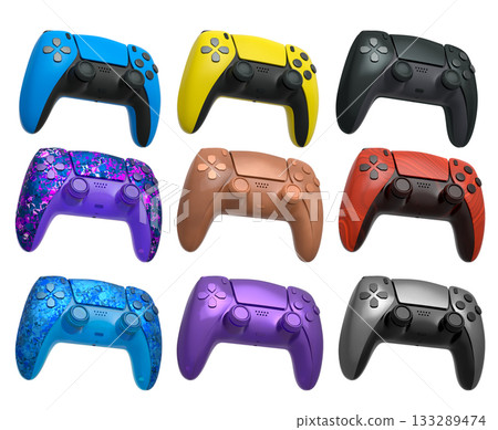Collection of gaming controllers isolated on white background with clipping path Collection of gaming controllers isolated on white background with clipping path 133289474