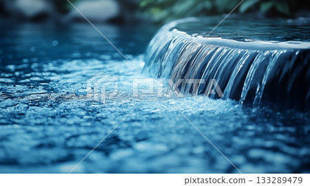 Water cascade flowing over smooth surface, natural environment creating tranquil atmosphere 133289479