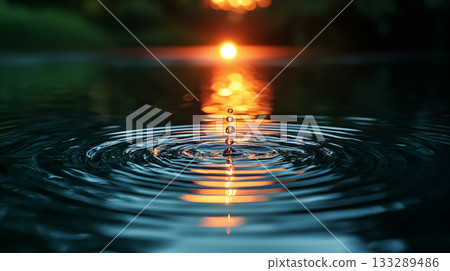 Water droplet creating concentric ripples at sunset, meditation tranquility concept Water droplet creating concentric ripples at sunset, meditation tranquility concept 133289486