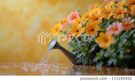 Watering can pouring water on orange cosmos flowers against golden background 133289488