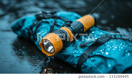 Waterproof flashlight on wet surface demonstrating outdoor gear durability concept Waterproof flashlight on wet surface demonstrating outdoor gear durability concept 133289495
