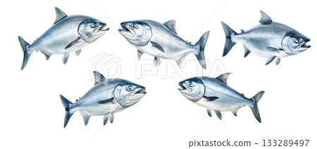 Set of Raw salmon fish with detailed fins and scales, isolated on white transparent background, concept of marine life 133289497