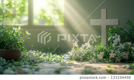 White cross with lilies amid sunbeams, spiritual garden scene White cross with lilies amid sunbeams, spiritual garden scene 133289498
