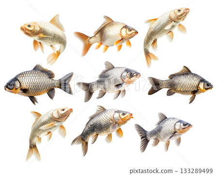Set of common carp fish with detailed scales and fins, isolated on white transparent background 133289499