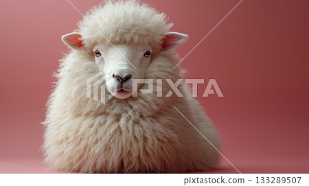 White lamb portrait on pink background, highlighting natural wool texture 133289507