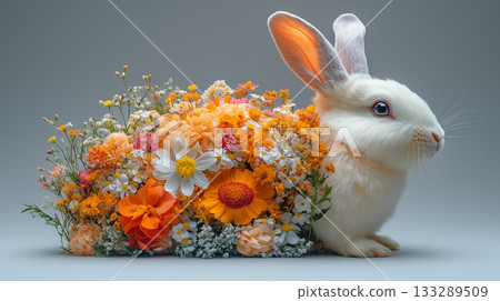 White rabbit beside colorful spring bouquet on gray background, studio setting White rabbit beside colorful spring bouquet on gray background, studio setting 133289509