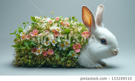 White rabbit decorated with spring flowers, nature harmony concept White rabbit decorated with spring flowers, nature harmony concept 133289510