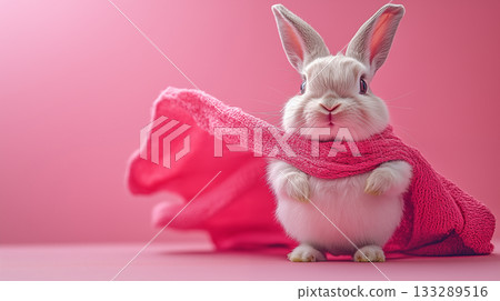 White rabbit wearing pink scarf against pink background, creating whimsical winter portrait 133289516