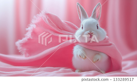 White rabbit wrapped in pink scarf creating whimsical portrait against soft background 133289517