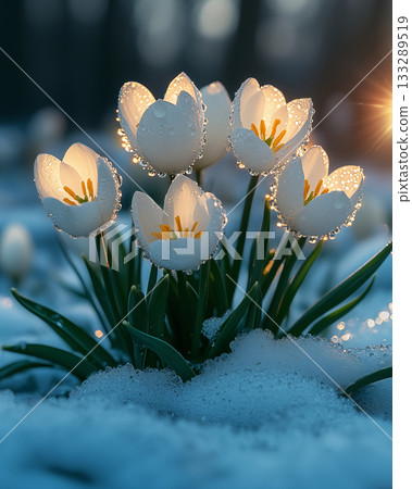 White tulips with dewdrops glowing in morning light, winter garden beauty 133289519