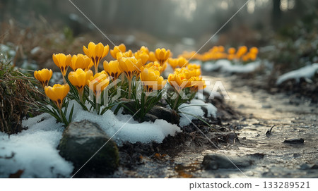 Yellow crocuses blooming through melting snow, early spring awakening scene 133289521