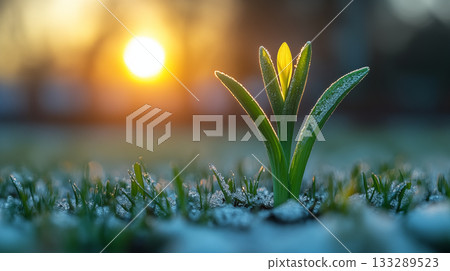 Yellow daffodil emerging through melting snow at sunrise, spring awakening concept 133289523