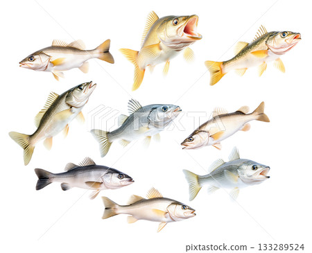 Set of Freshwater Walleye fish with vivid golden fins and detailed scales isolated on white transparent background 133289524