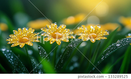 Yellow daisies covered in morning dew drops against green nature background, fresh spring concept 133289525
