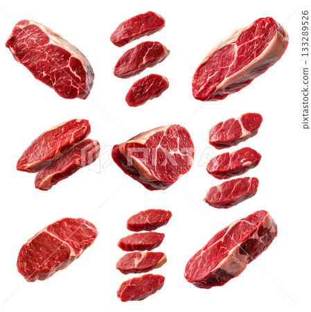 Set of pork tenderloin steak showcasing marbled texture isolated on white background, emphasizing freshness and quality. Set of pork tenderloin steak showcasing marbled texture isolated on white background, emphasizing freshness and quality. 133289526