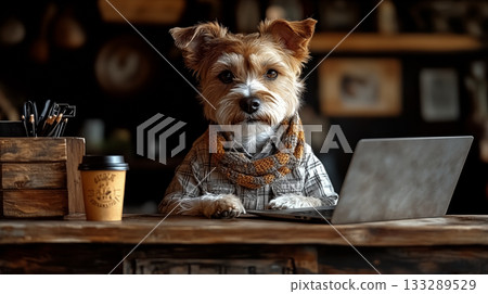 Yorkshire terrier working on laptop wearing business attire in cafe setting 133289529