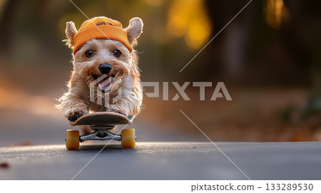 Yorkshire terrier riding skateboard wearing orange beanie, playful pet lifestyle 133289530