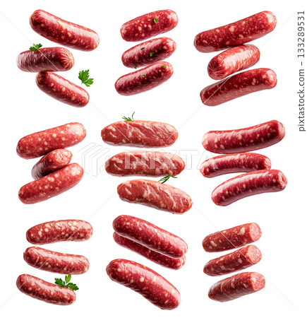 Set of raw pork sausages isolated on white background, concept of culinary ingredients Set of raw pork sausages isolated on white background, concept of culinary ingredients 133289531