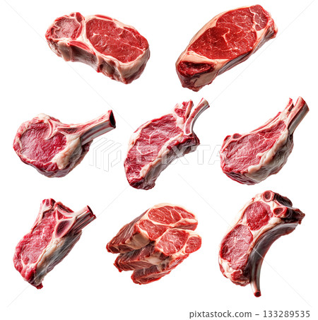 Set of fresh Lamb chop cut, isolated on white background, showcasing culinary concept Set of fresh Lamb chop cut, isolated on white background, showcasing culinary concept 133289535