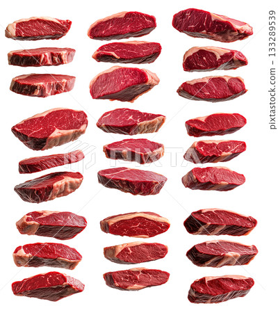 Set of Beef steak, showcasing marbling, isolated on a white background, concept of meat quality and selections 133289539
