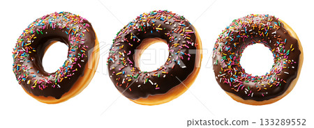 Tasty donut covered in glossy chocolate glaze with vibrant sprinkles isolated on white background. Tasty donut covered in glossy chocolate glaze with vibrant sprinkles isolated on white background. 133289552