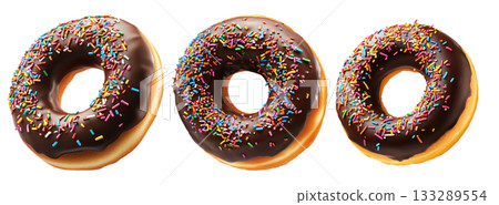 Tasty donut covered in glossy chocolate glaze with vibrant sprinkles isolated on white background. Tasty donut covered in glossy chocolate glaze with vibrant sprinkles isolated on white background. 133289554