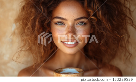 Young woman with freckles enjoying coffee, natural beauty portrait 133289559