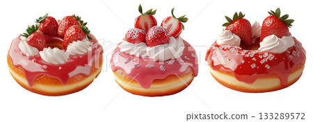 Donut topped with pink strawberry glaze, whipped cream, and fresh strawberries, isolated on white transparent background 133289572