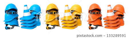 Stack of construction helmets and traffic cones isolated white background with clipping path, representing safety equipment 133289591