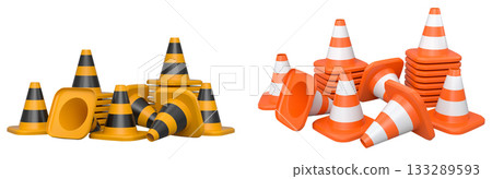 Traffic safety cones with white stripes, isolated on white background with clipping path. Concept of road safety equipment 133289593