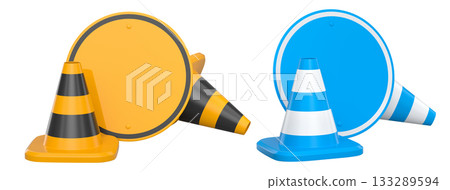 Construction traffic cones and road signs isolated on white background with clipping path, concept of safety gear 133289594