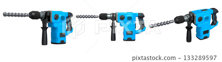 Set of electric rotary hammers with side handles and drill bits, isolated on white transparent background, concept of power tools 133289597