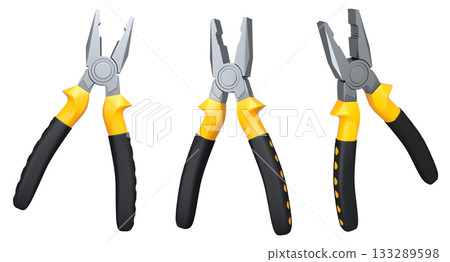 Set of steel pliers with black rubber grips and colorful handles shown isolated on white background, construction tool concept Set of steel pliers with black rubber grips and colorful handles shown isolated on white background, construction tool concept 133289598