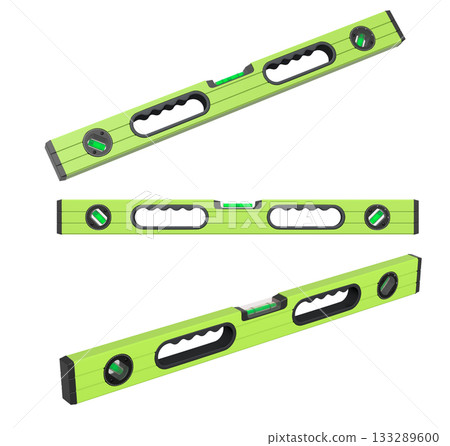 Set of bubble spirit levels with black handles on white background with clipping path, representing construction tools Set of bubble spirit levels with black handles on white background with clipping path, representing construction tools 133289600