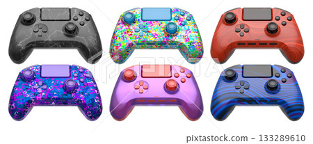 Collection of gaming controllers isolated on white background with clipping path 133289610