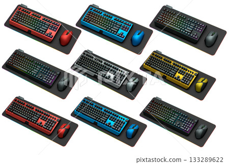 Collection of mechanical keyboards and mouse isolated on white background with clipping path Collection of mechanical keyboards and mouse isolated on white background with clipping path 133289622