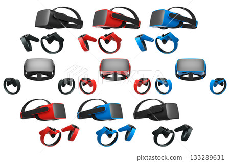 Virtual reality glasses and headset with controllers isolated on white background with clipping path Virtual reality glasses and headset with controllers isolated on white background with clipping path 133289631