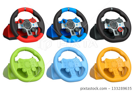 Set of racing game steering wheels isolated on white background with clipping path 133289635