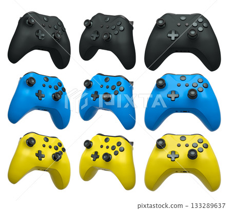 Collection of gaming controllers isolated on white background with clipping path 133289637
