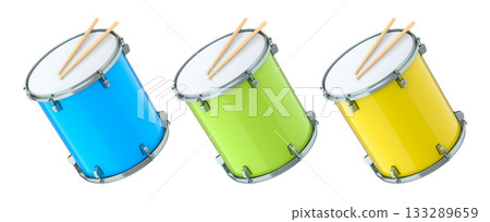 Set of drums and wooden drum sticks on white. 3d render of musical instrument Set of drums and wooden drum sticks on white. 3d render of musical instrument 133289659