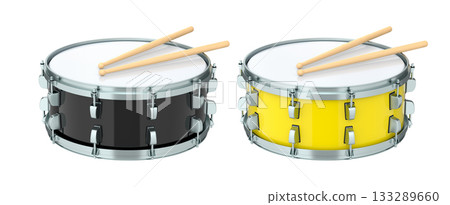 Set of drums and wooden drum sticks on white. 3d render of musical instrument Set of drums and wooden drum sticks on white. 3d render of musical instrument 133289660