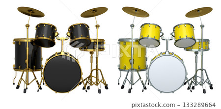 Set of realistic drums with metal cymbals or drumset on white background 133289664