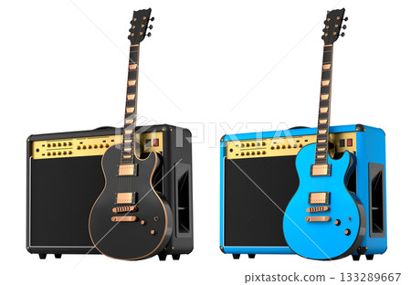 Set of amplifier with acoustic guitar isolated on white background. 133289667