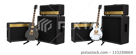Set of amplifier with acoustic guitar isolated on white background. Set of amplifier with acoustic guitar isolated on white background. 133289669