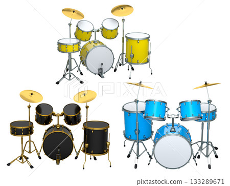 Set of realistic drums with metal cymbals or drumset on white background Set of realistic drums with metal cymbals or drumset on white background 133289671