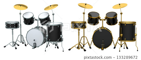 Set of realistic drums with metal cymbals or drumset on white background Set of realistic drums with metal cymbals or drumset on white background 133289672
