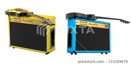 Set of amplifier with acoustic guitar isolated on white background. Set of amplifier with acoustic guitar isolated on white background. 133289676