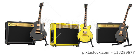 Set of amplifier with acoustic guitar isolated on white background. Set of amplifier with acoustic guitar isolated on white background. 133289677