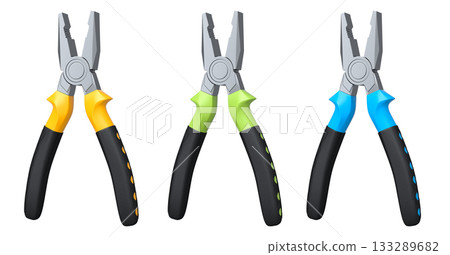 Set of steel pliers with black rubber grips and colorful handles shown isolated on white background, construction tool concept Set of steel pliers with black rubber grips and colorful handles shown isolated on white background, construction tool concept 133289682